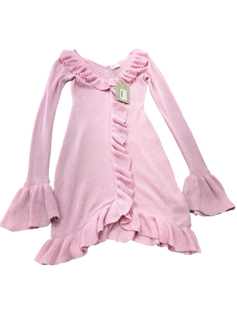 Pink Ruffle V-Neck Knit Mini Dress - Picture 2 of 13